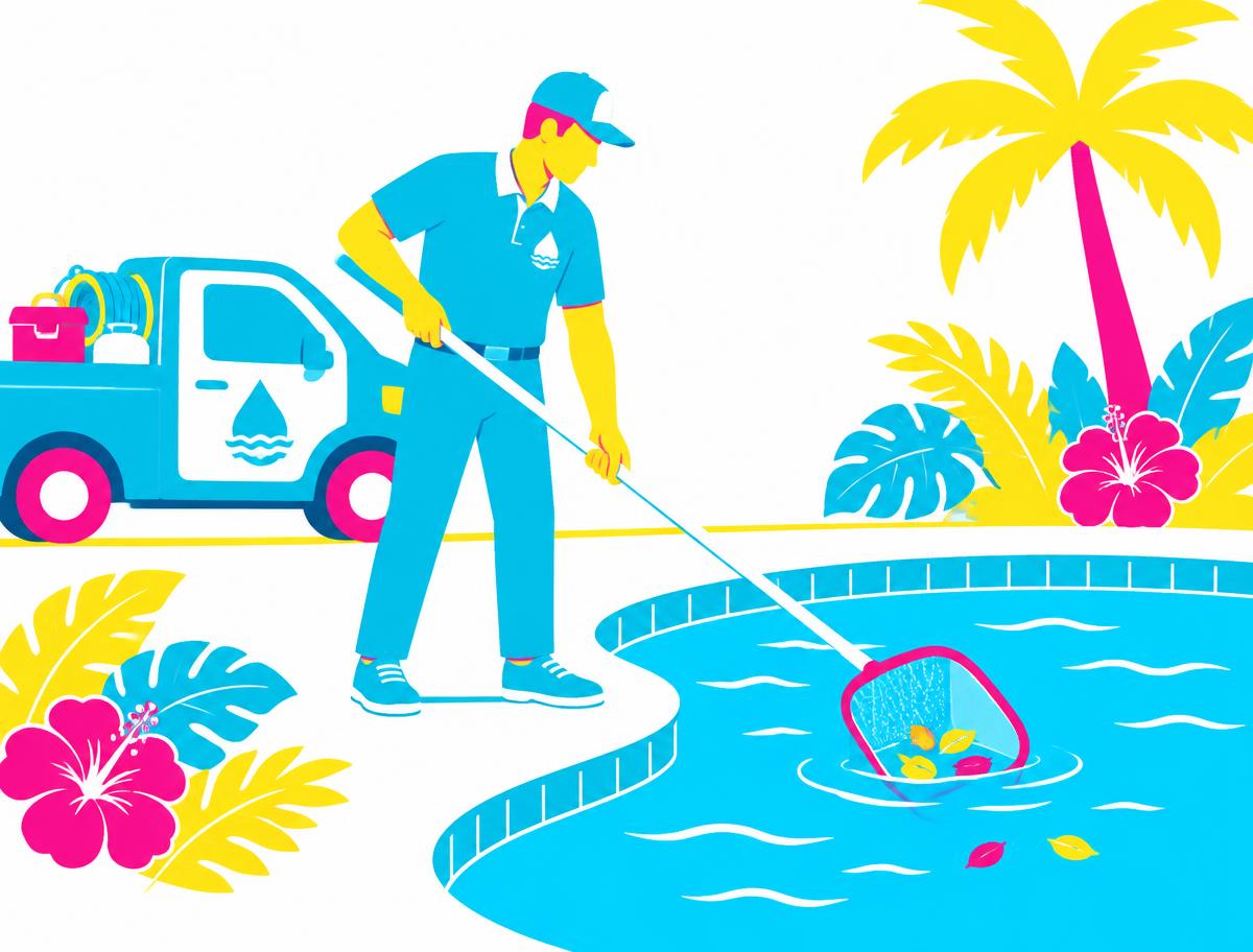 Ilustración de técnico limpiando una piscina